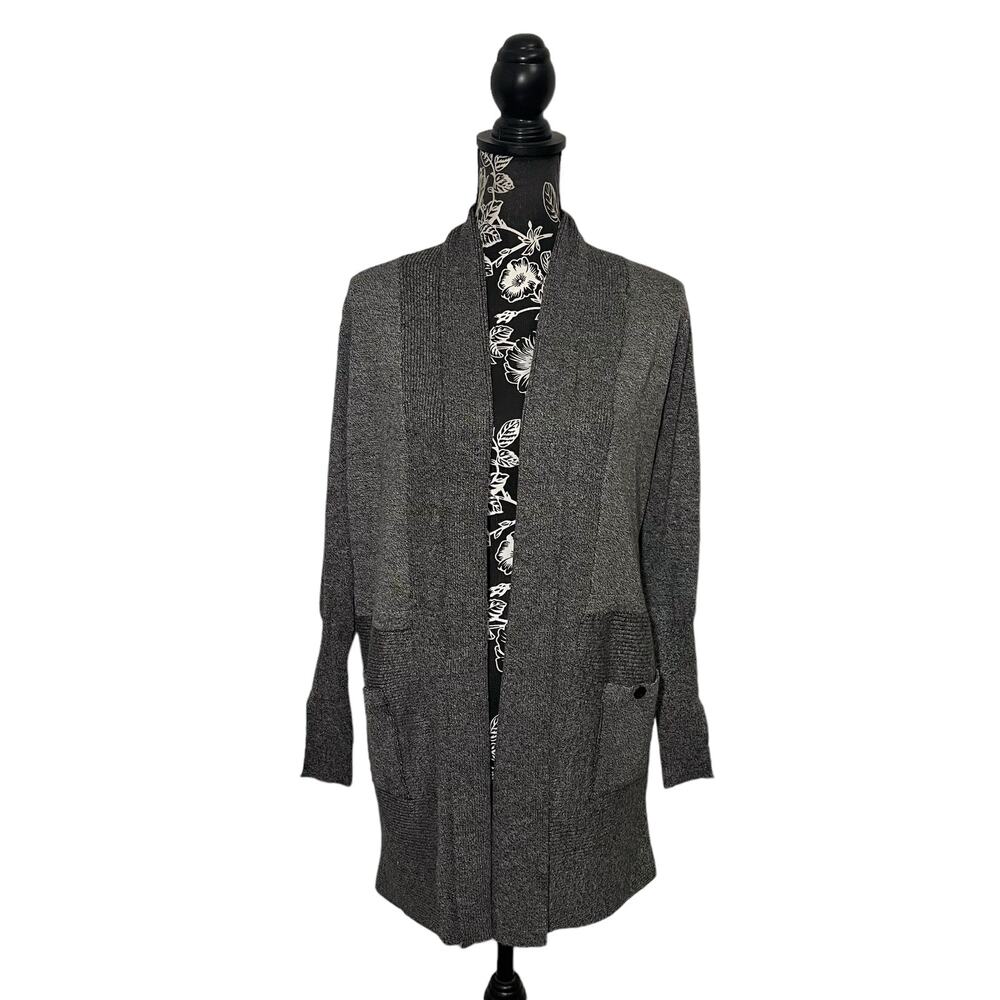 M Magaschoni Long Open Front Cardigan Shawl Collar Gray Pockets Layering Small